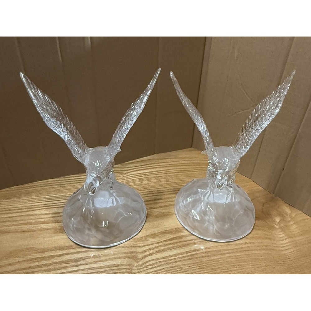 Pair Eagles Beautiful Crystal Glass Statues 8" tall American,Patriotic,Freedom